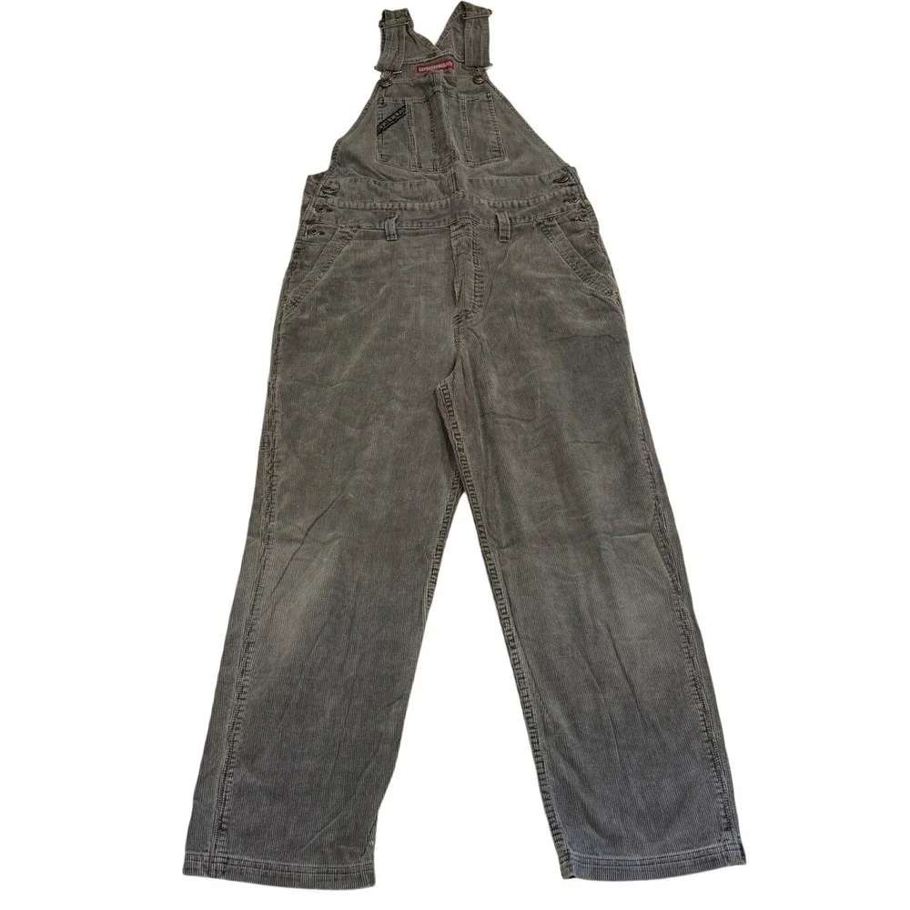 Union‎ Bay Grey Corduroy Overalls Vintage Wide Leg Bib Adjustable Strap Y2K Med